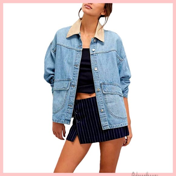 Oversized Denim Jacket with Contrast Trim Button Down Pockets